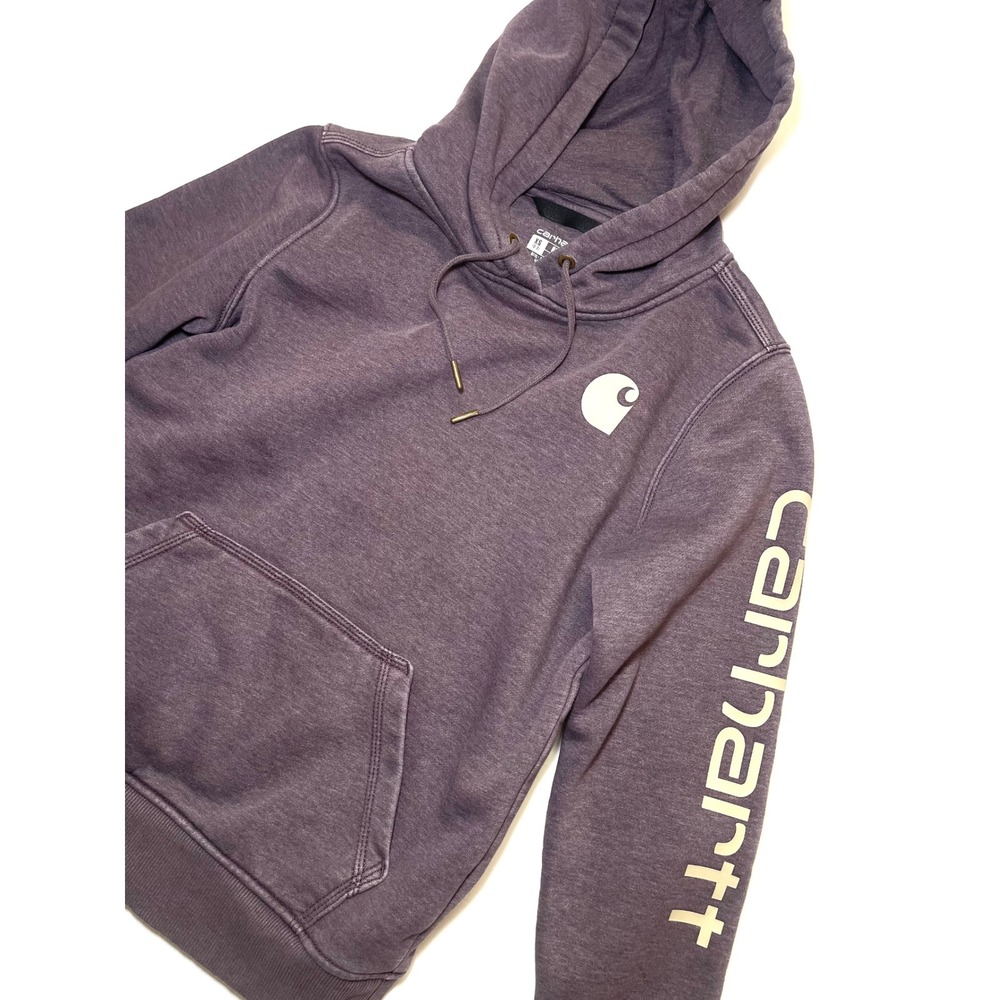 Carhartt Womens XS Relaxed Fit Hoodie Purple Vintage Wash Logo Sleeve Graphic